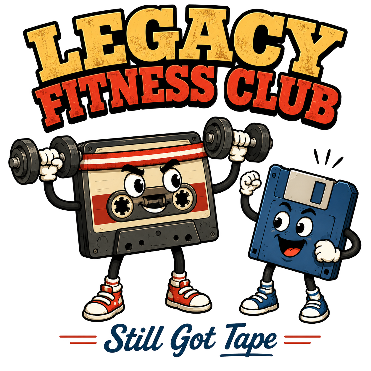Legacy Fitness Club T-Shirt — Retro Cassette & Floppy Disk Cartoon Gym Tee