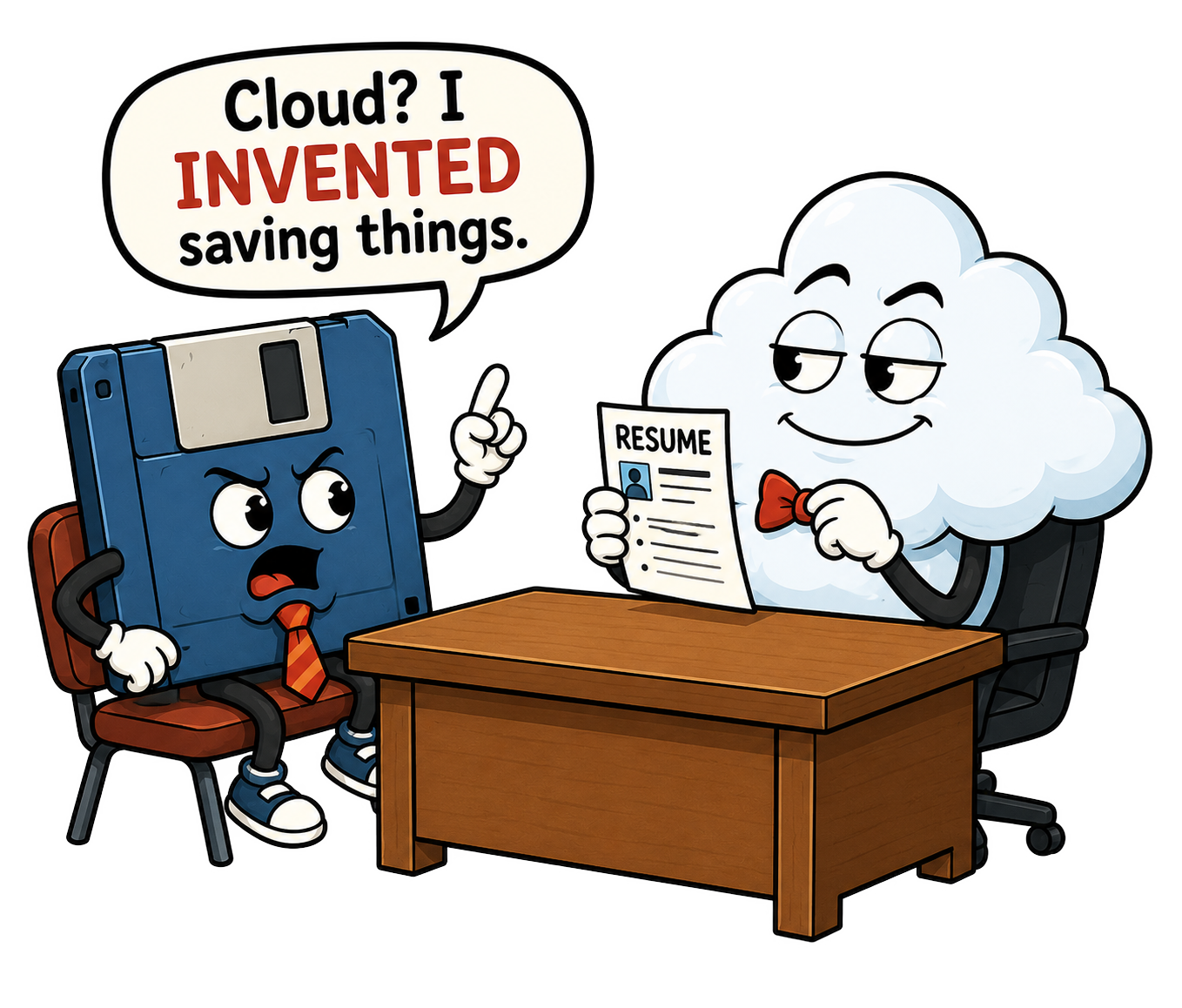 Cloud? I Invented Saving Things T-Shirt — Retro Floppy Disk vs Cloud Cartoon Tee