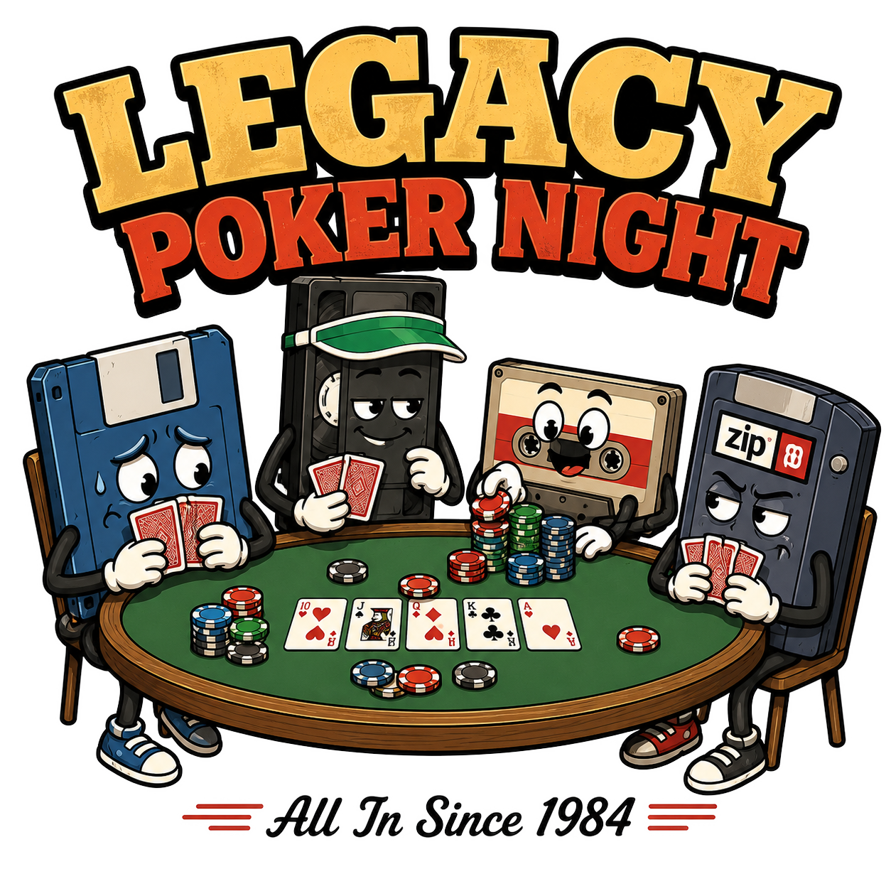 Legacy Poker Night T-Shirt — Retro Floppy, Cassette & Zip Disk Cartoon Tee