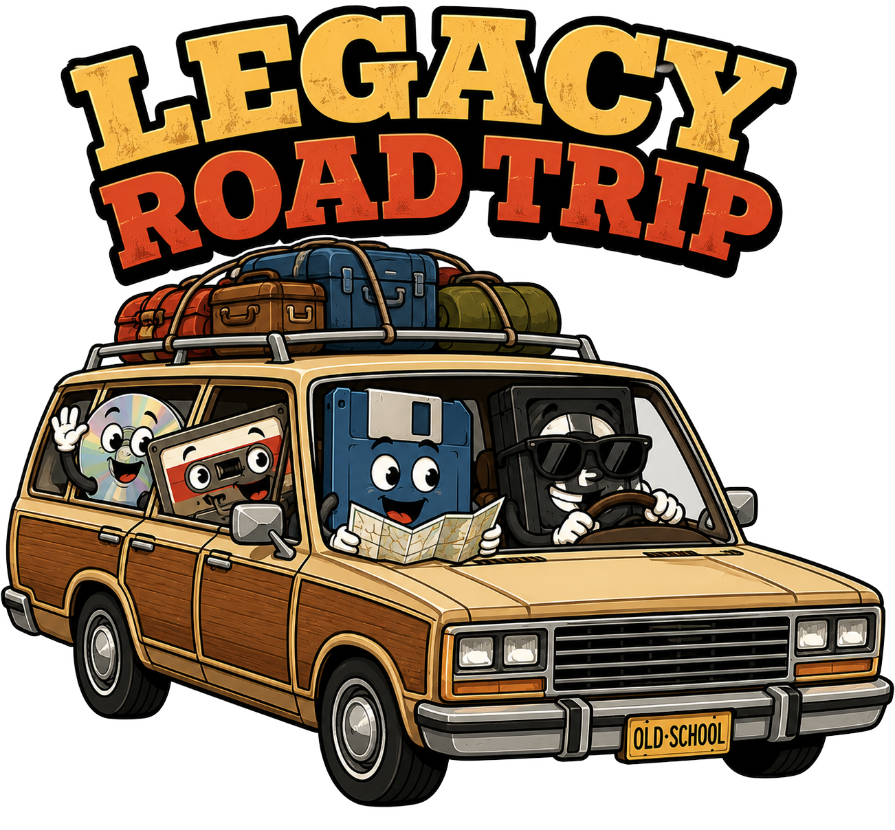 Legacy Road Trip T-Shirt — Retro Tech Mascots Woody Wagon Cartoon Tee
