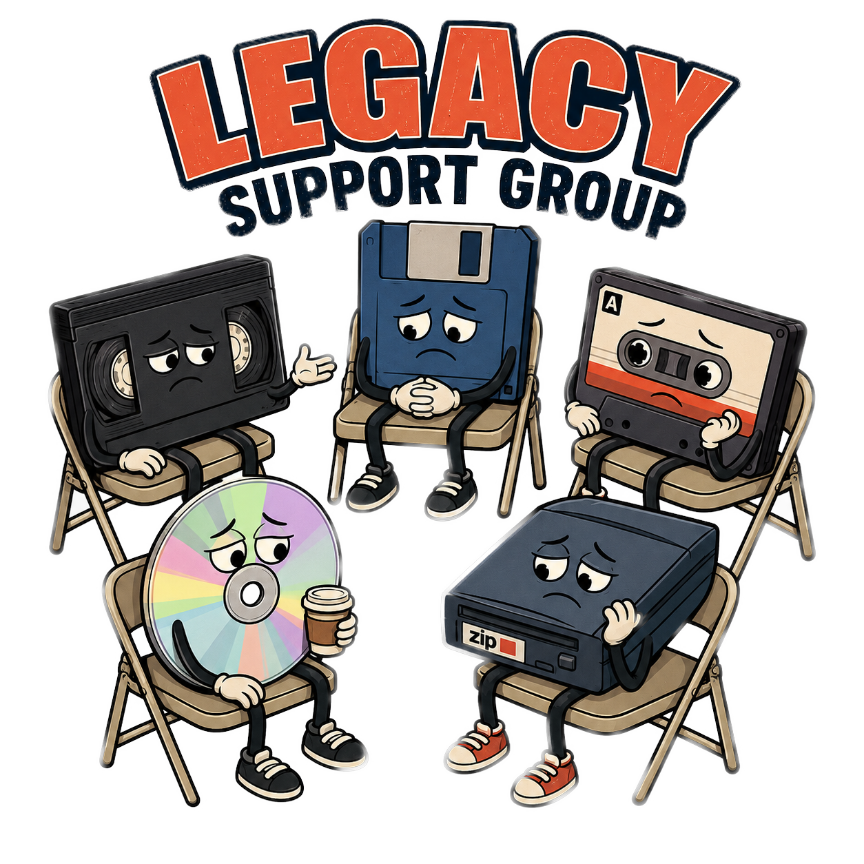 Legacy Support Group T-Shirt – Retro Tape & CD Illustration