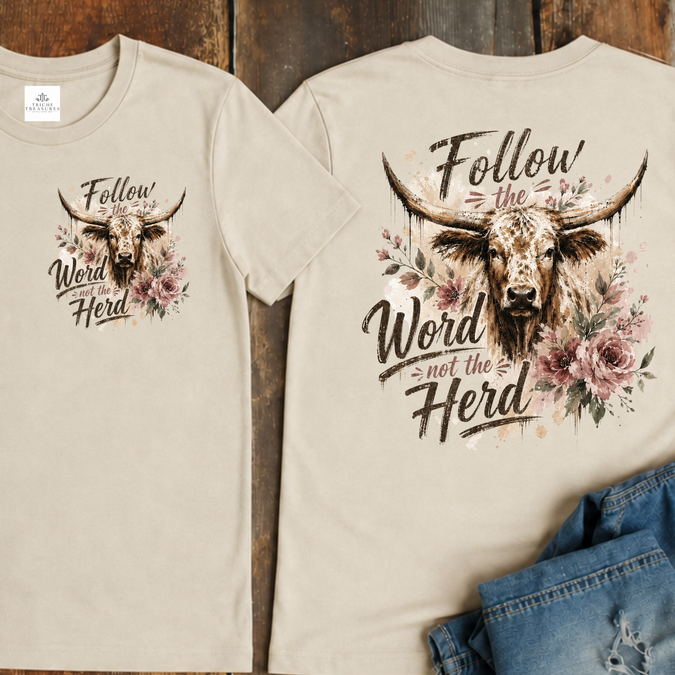 Follow the Word Not the Herd Shirt, Watercolor Highland Cow Floral T-Shirt, Rustic Western Graphic Tee, Triche Treasures – Image 2