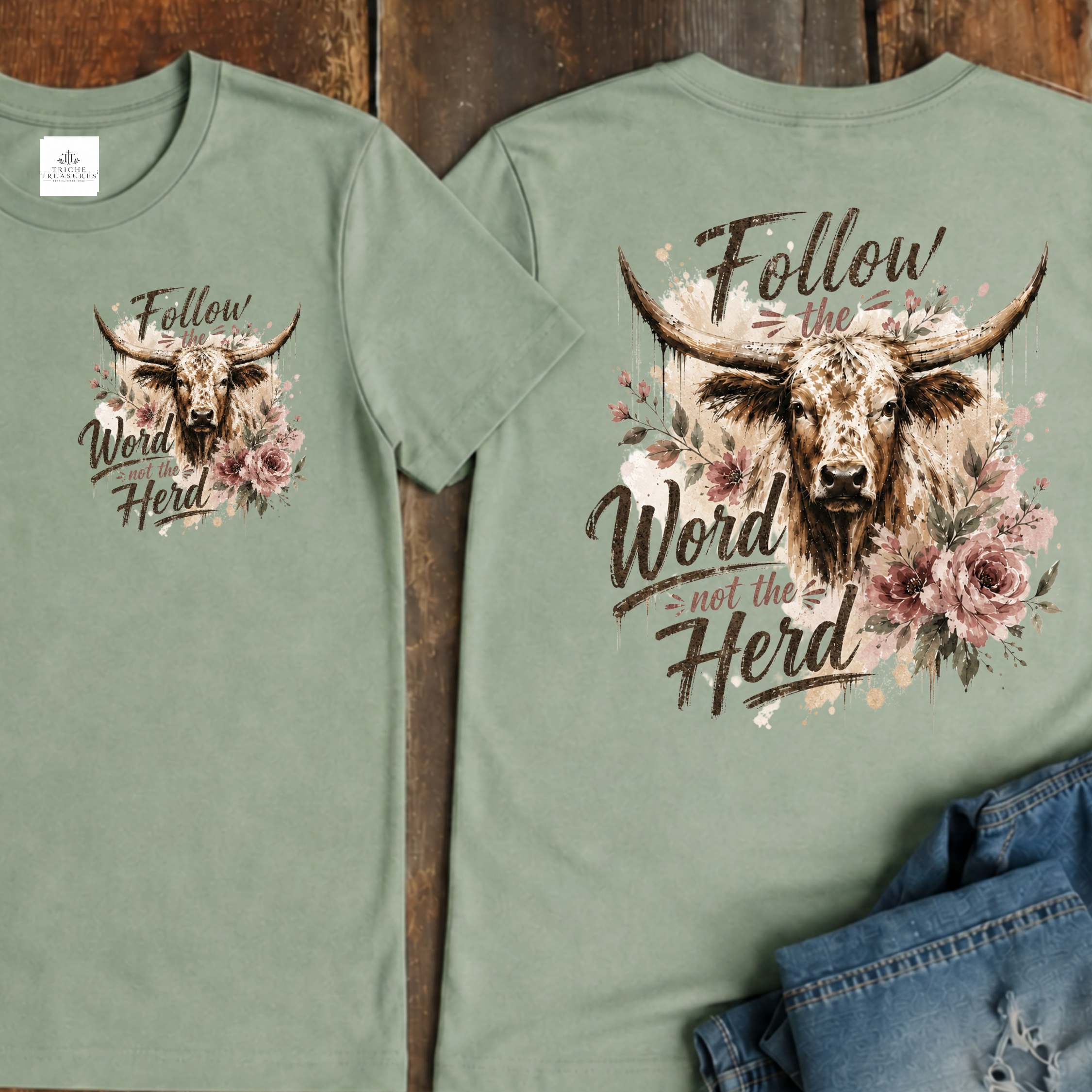 Follow the Word Not the Herd Shirt, Watercolor Highland Cow Floral T-Shirt, Rustic Western Graphic Tee, Triche Treasures
