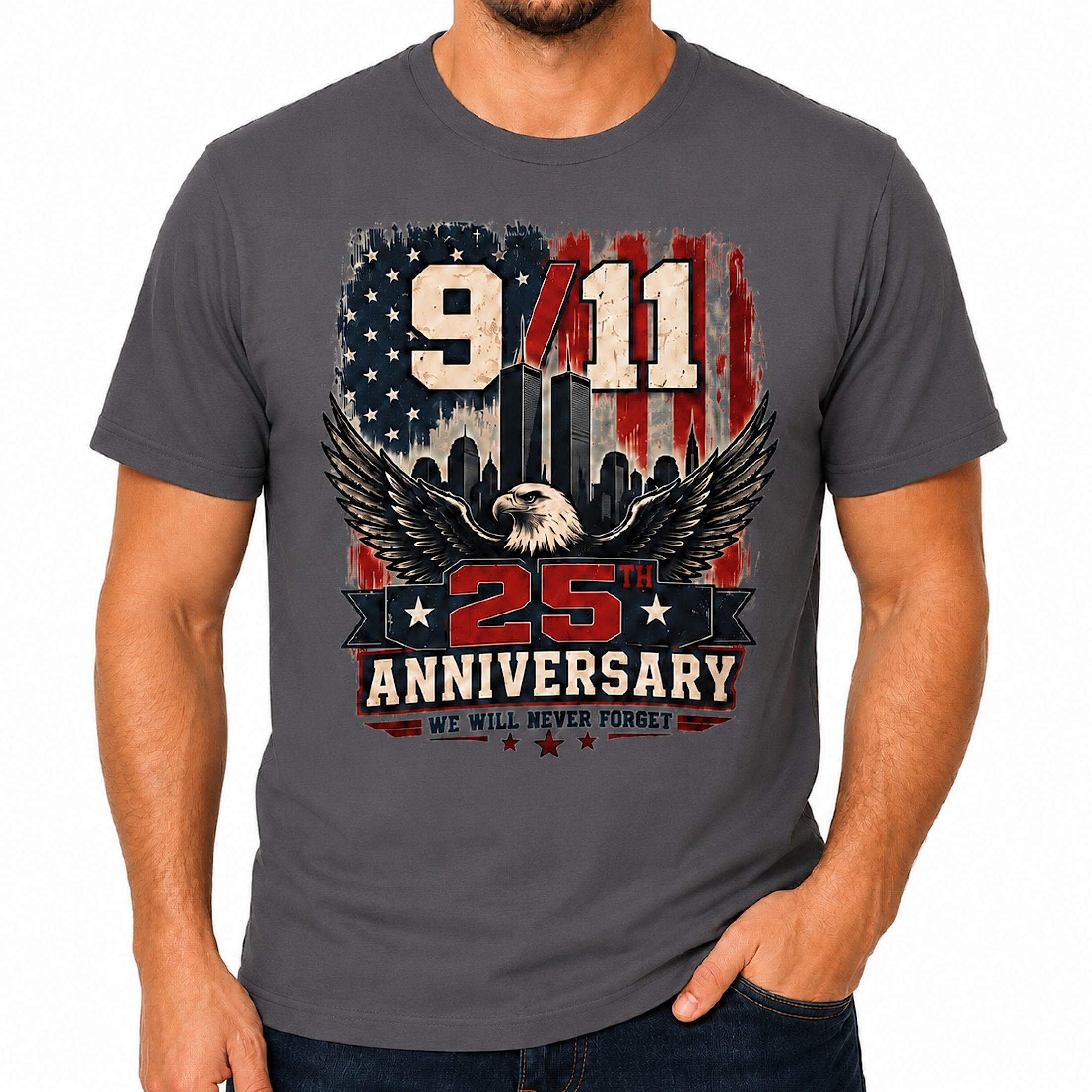 9/11 25th Anniversary Never Forget Patriotic Memorial Eagle T-Shirt color preview 3