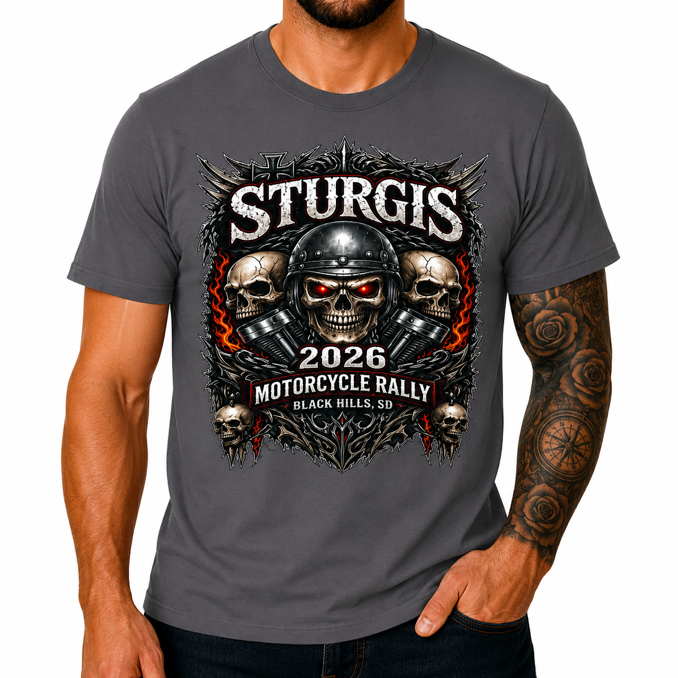 Sturgis 2026 Motorcycle Rally Skull Biker Graphic T-Shirt South Dakota color preview 2