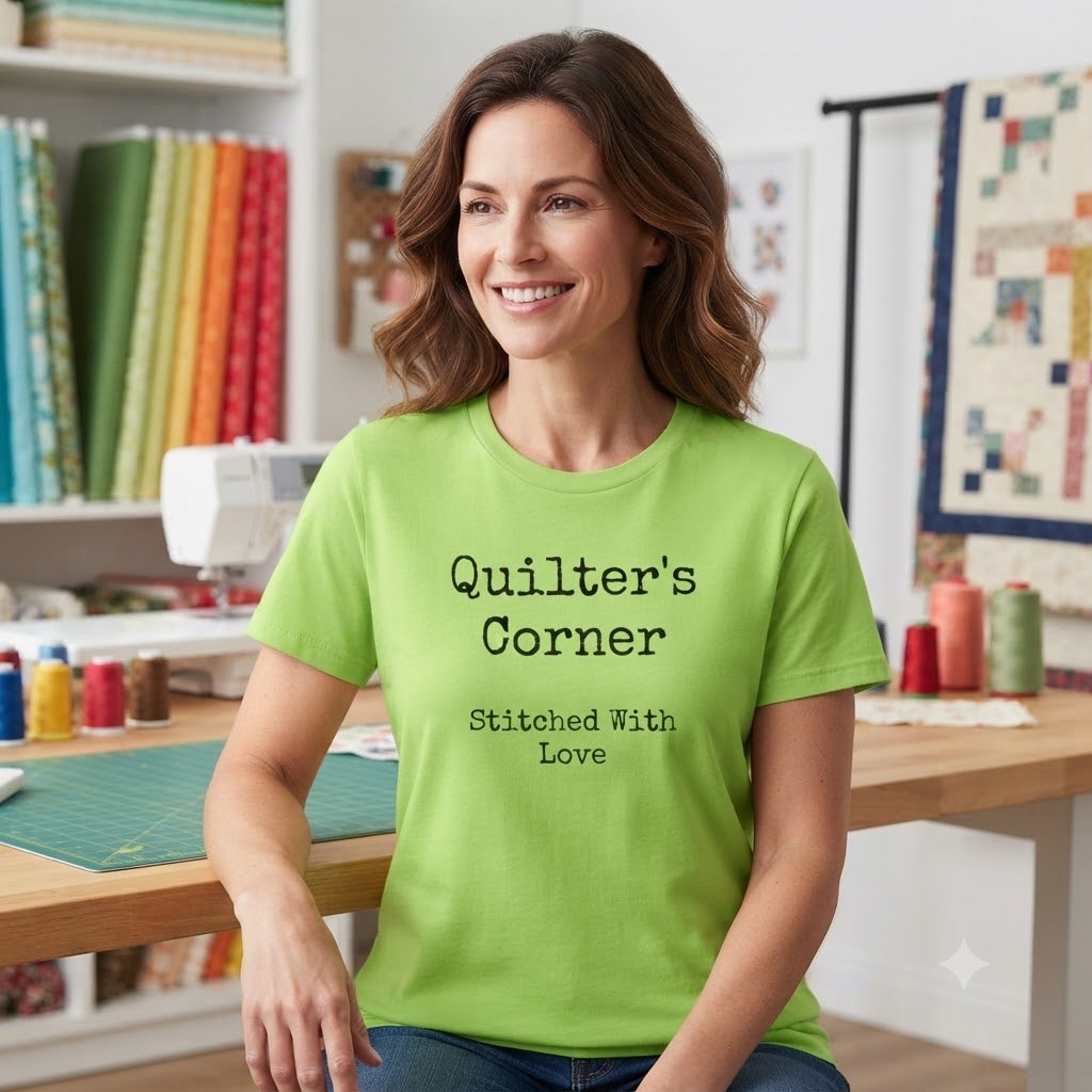 Quilter's Corner Tee Shirt, Stitched With Love, Sewing Tee