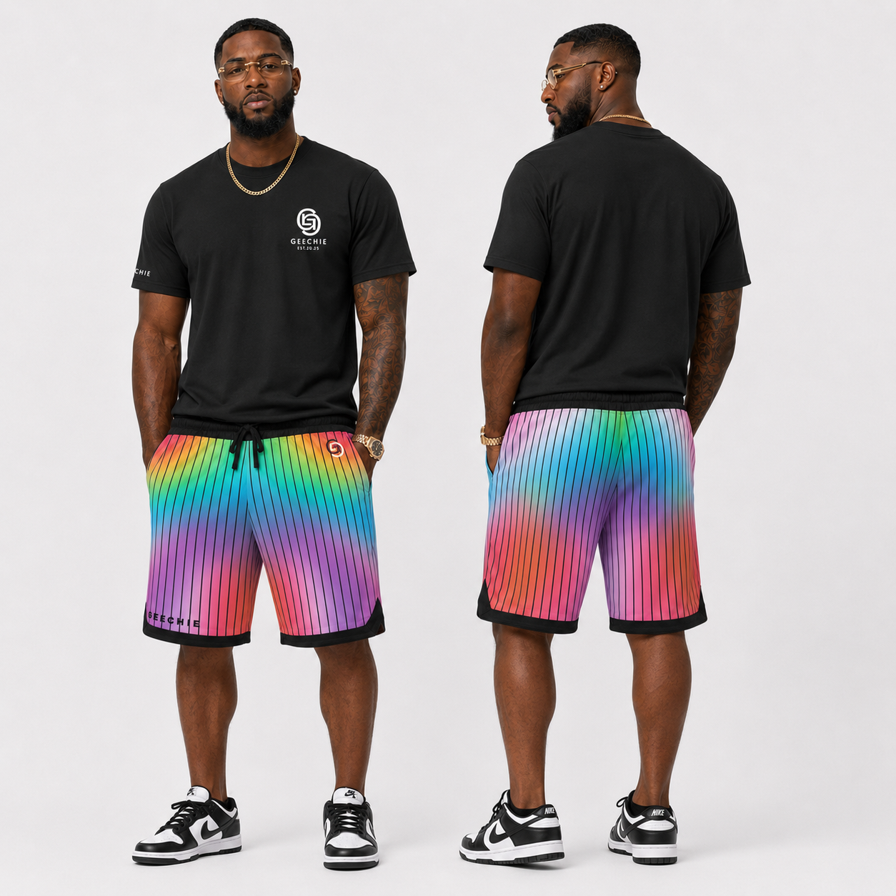 GEECHIE Rainbow Pinstripe Basketball Shorts | Unisex Streetwear
