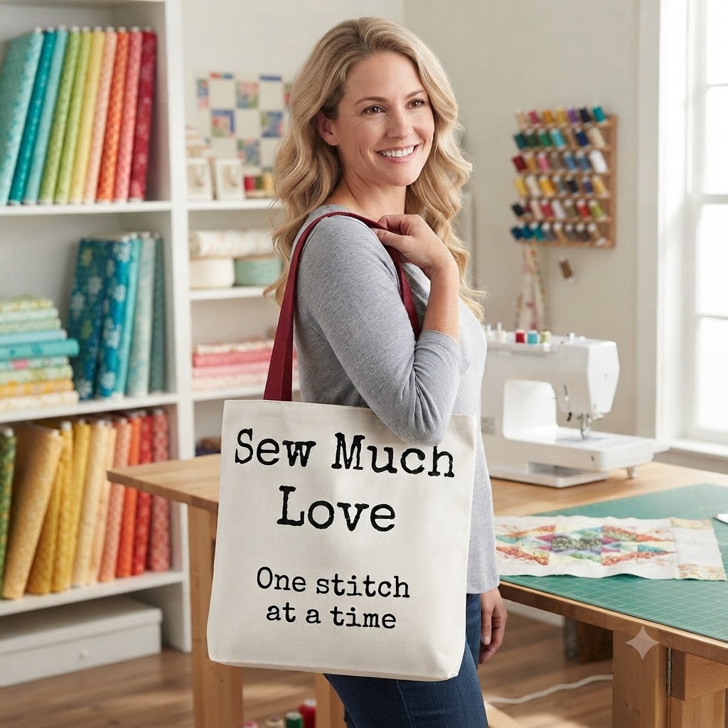 Sew Much Love Tote Bag / One Stitch at a Time,  Quilting Gift, Quilters Gift