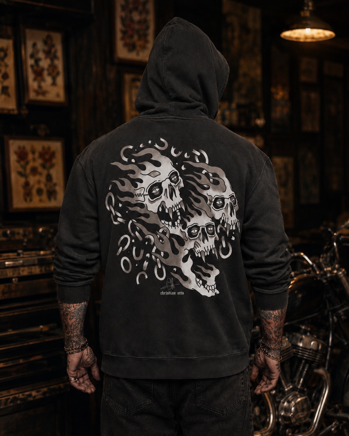 Christian Otto Signature Skull Black AOP Hoodie
