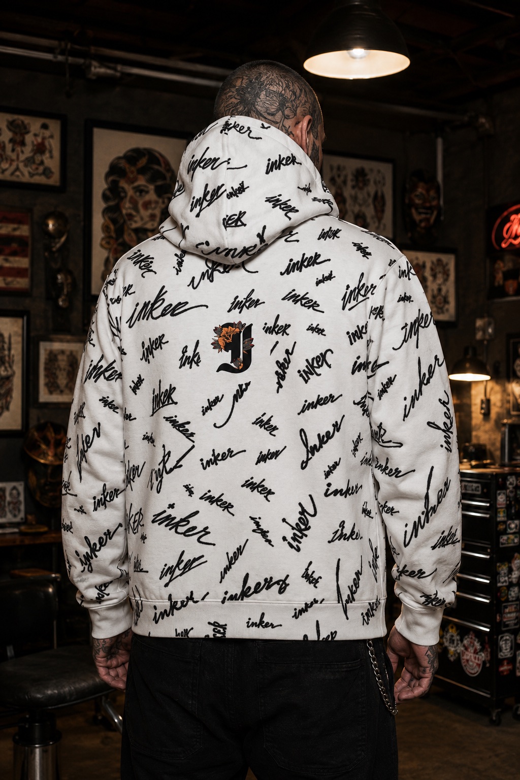 Inker Floral Script J Initial Hoodie | All-Over Ink Script Pattern