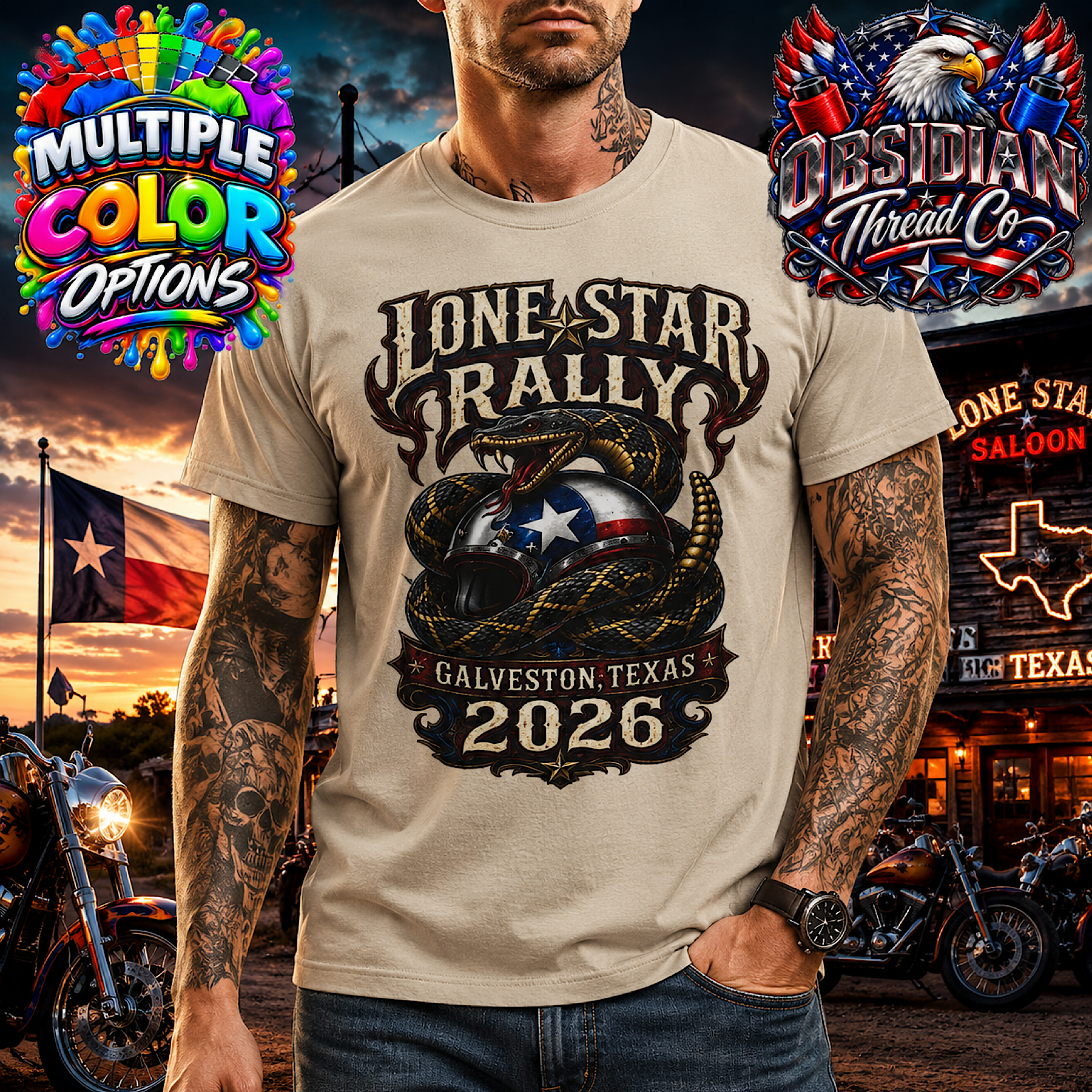 Lone Star Rally 2026 Shirt Galveston Texas Snake Biker Motorcycle Rally No HD color preview 3