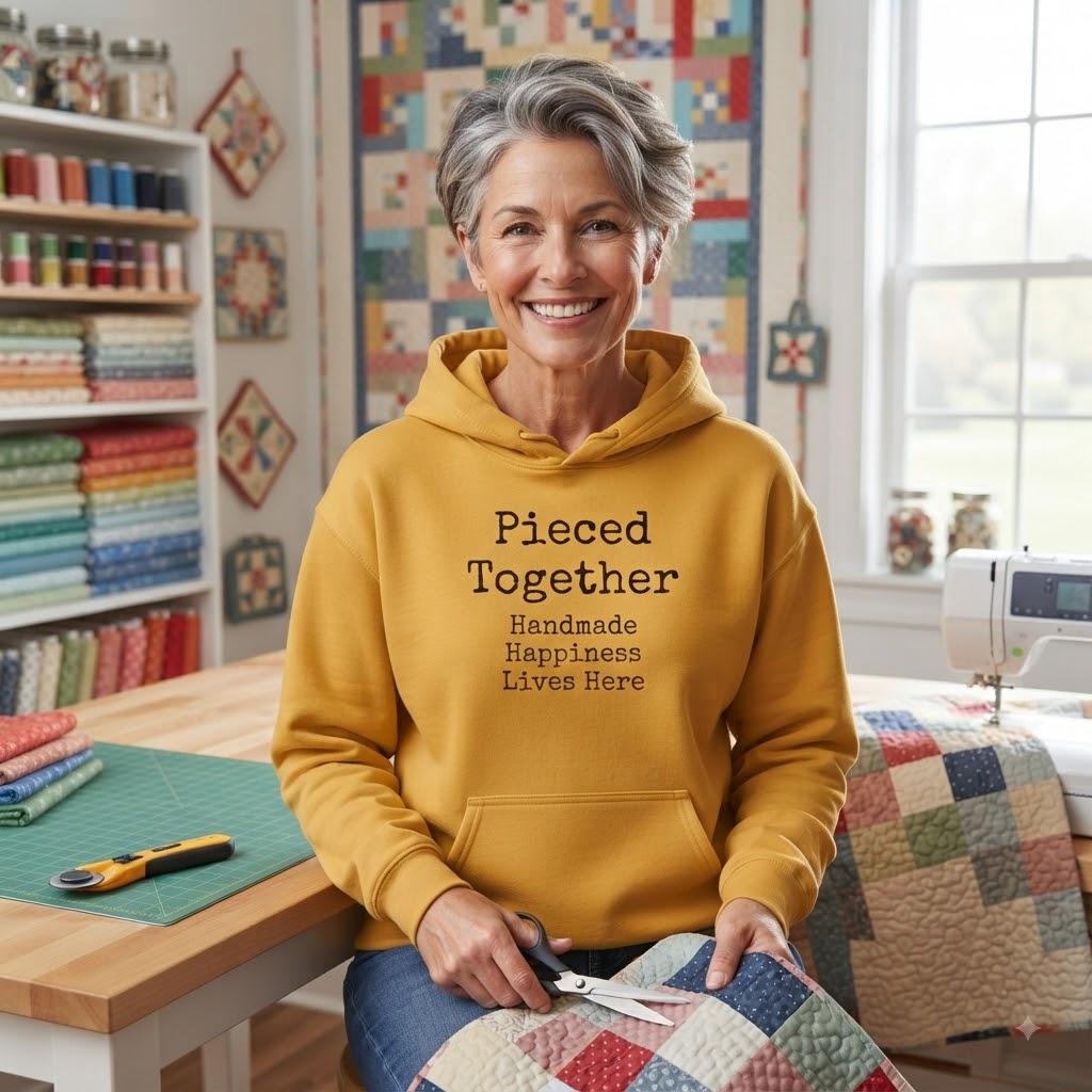 Guilter's Hooded Sweatshirt / "Pieced Together - Handmade Happiness Lives Here"