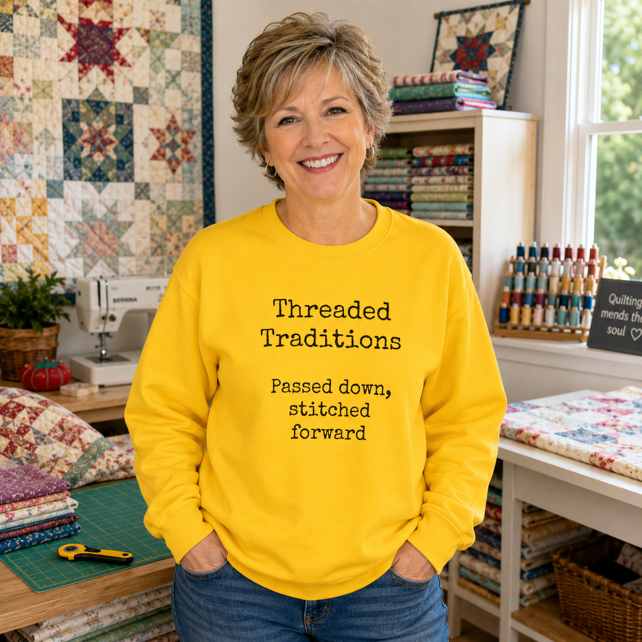 Threaded Traditions Sweatshirt Passed Down Stitched Forward Quilter Gift Cozy Heirloom Quilting Crewneck