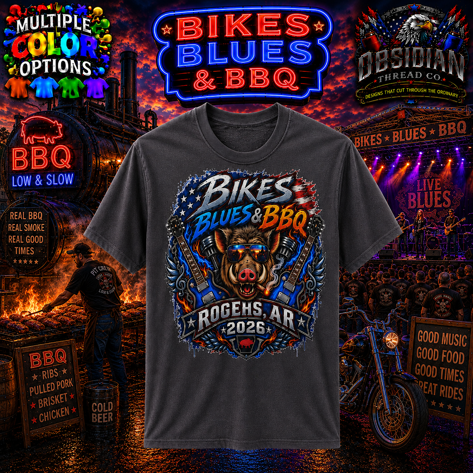 Bikes Blues &amp; BBQ 2026 Arkansas Motorcycle Rally Biker Pig T Shirt No Harley color preview 2