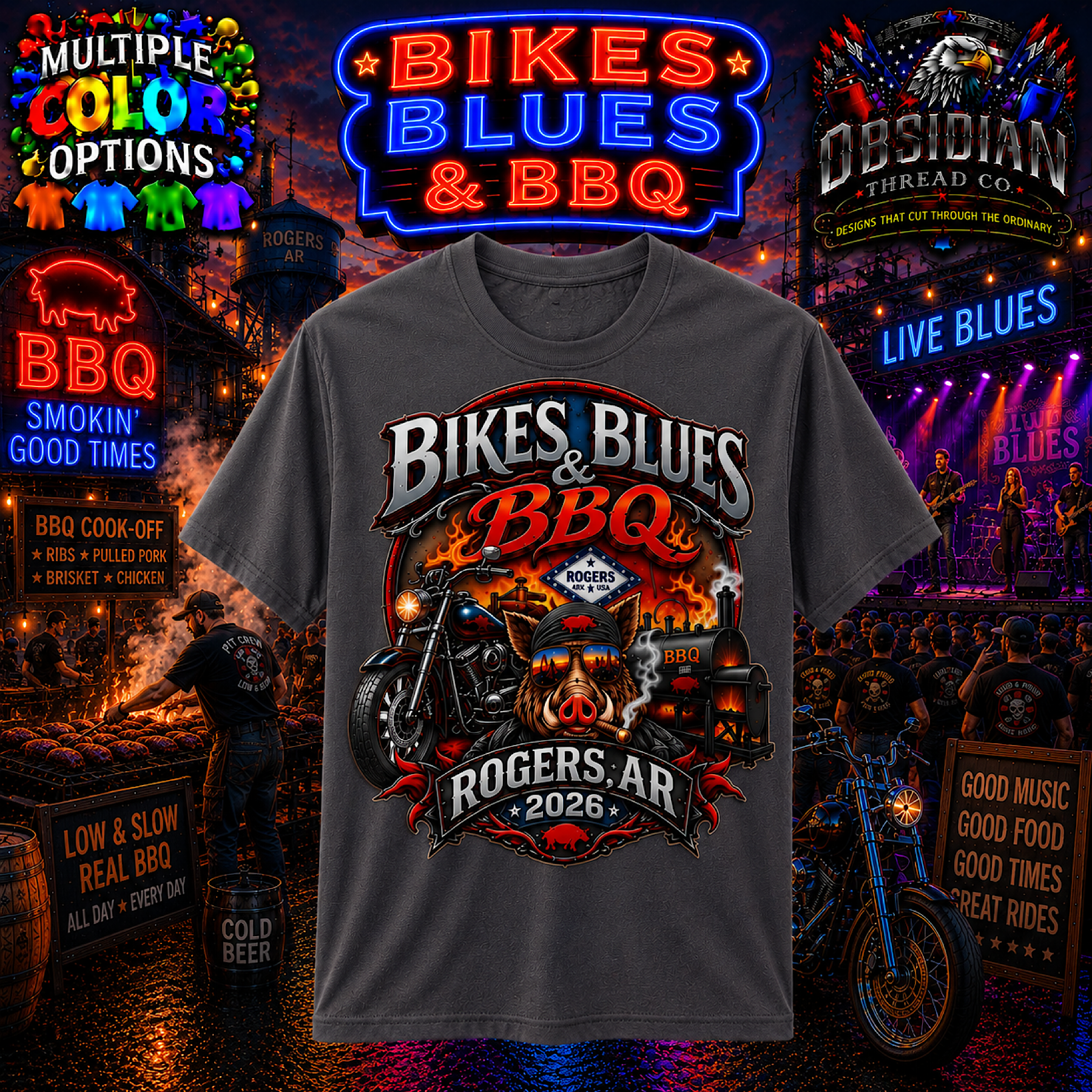 Bikes Blues &amp; BBQ 2026 Rogers Arkansas Motorcycle Rally Biker Pig T Shirt Tee color preview 2
