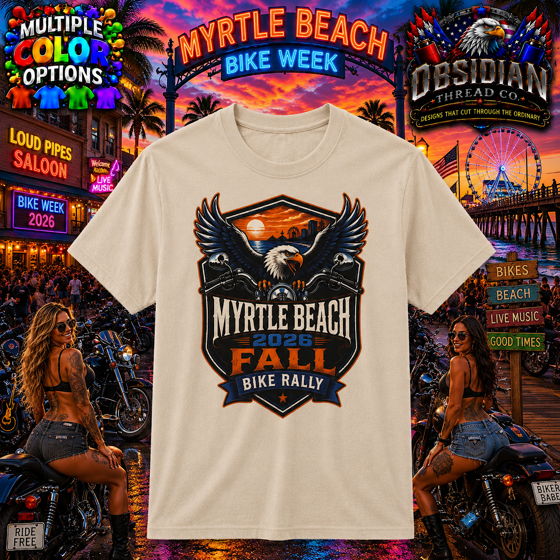 Myrtle Beach 2026 Fall Bike Rally Motorcycle Week SC Eagle T Shirt No Harley color preview 3