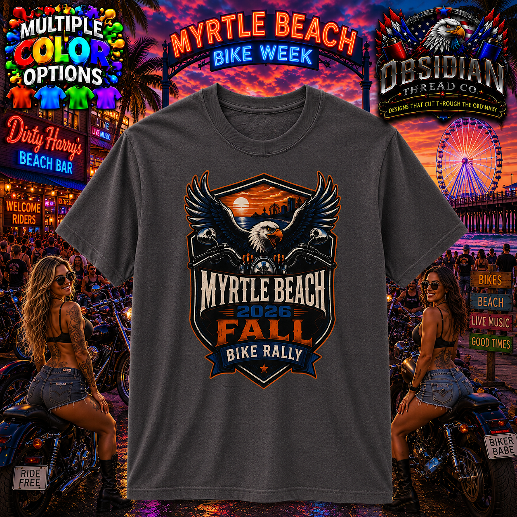 Myrtle Beach 2026 Fall Bike Rally Motorcycle Week SC Eagle T Shirt No Harley color preview 2