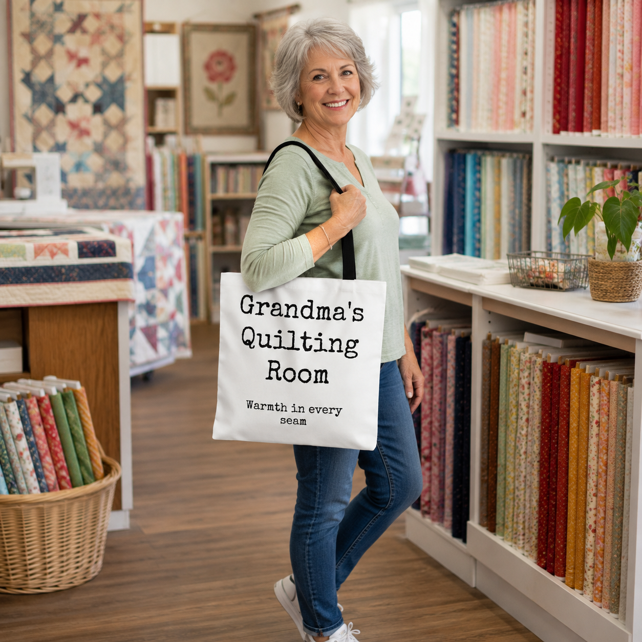 Grandma's Quilting Room Tote Bag - "Warmth in Every Seam" Quilter Gift