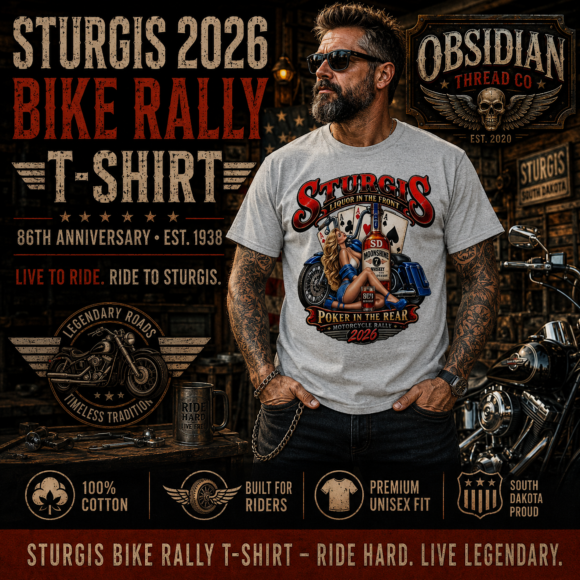 Sturgis 2026 86th Motorcycle Rally South Dakota Biker Pinup T Shirt No Harley color preview 3