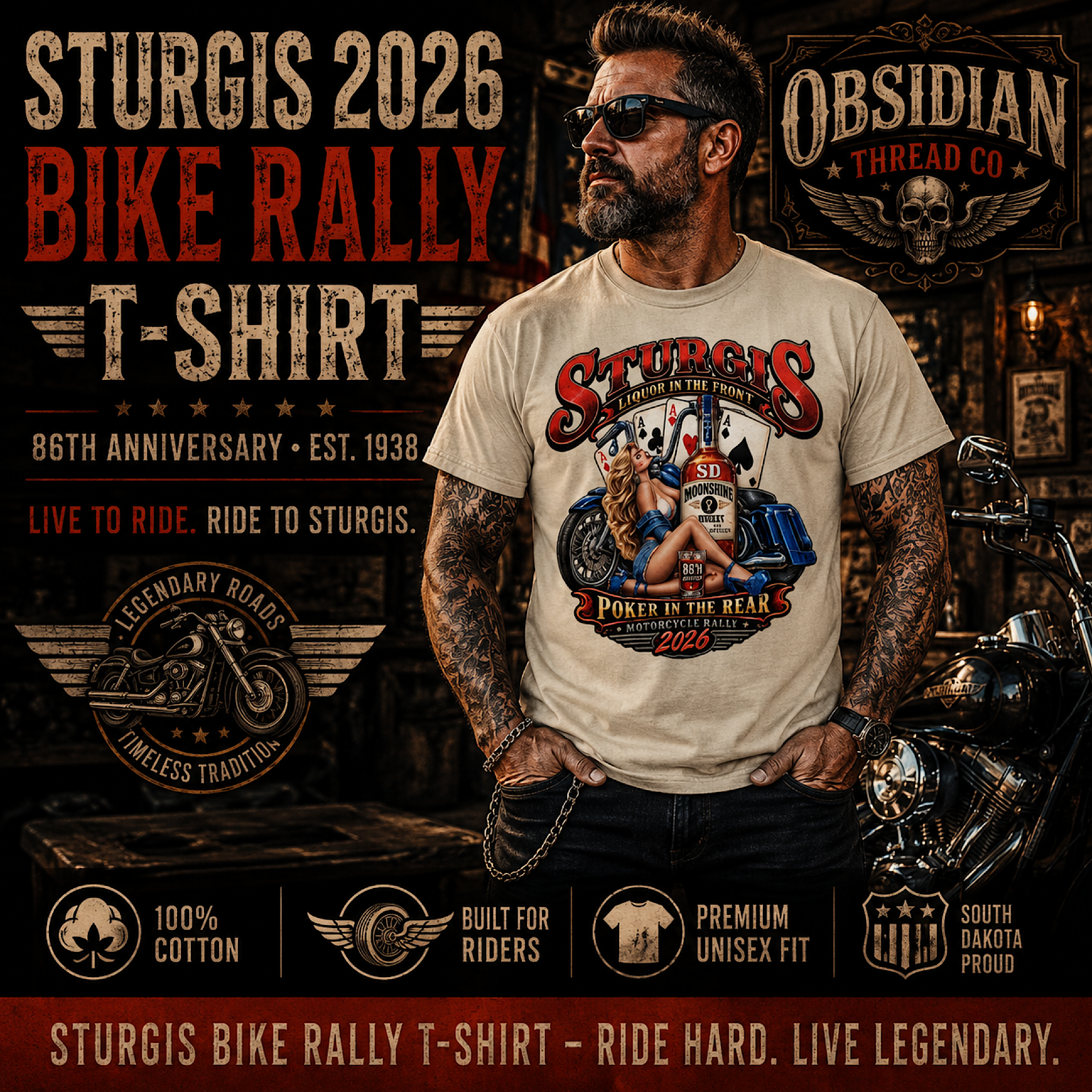 Sturgis 2026 86th Motorcycle Rally South Dakota Biker Pinup T Shirt No Harley color preview 2