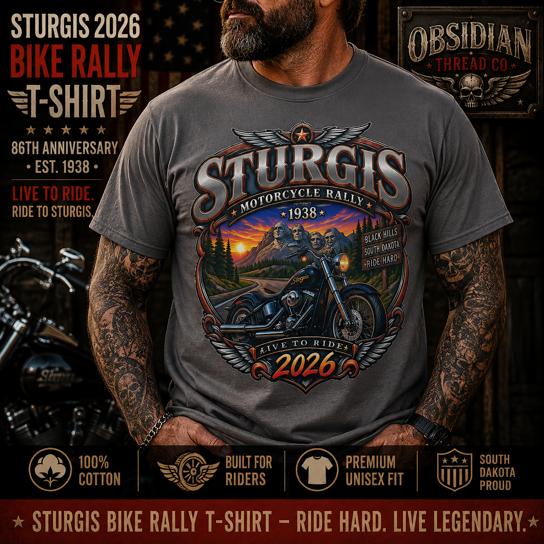 Sturgis 2026 86th Motorcycle Rally South Dakota Biker T Shirt No Harley color preview 2
