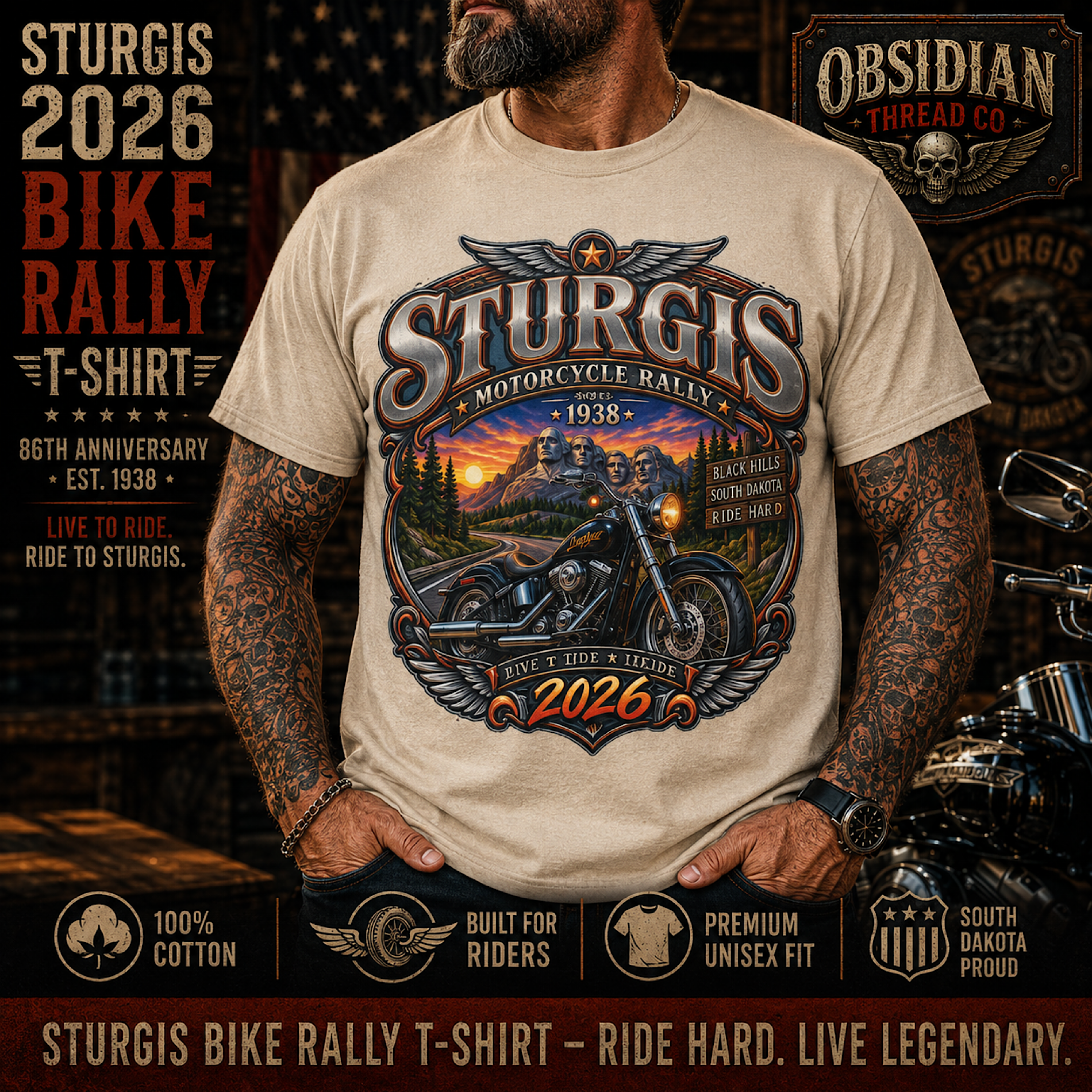 Sturgis 2026 86th Motorcycle Rally South Dakota Biker T Shirt No Harley color preview 3