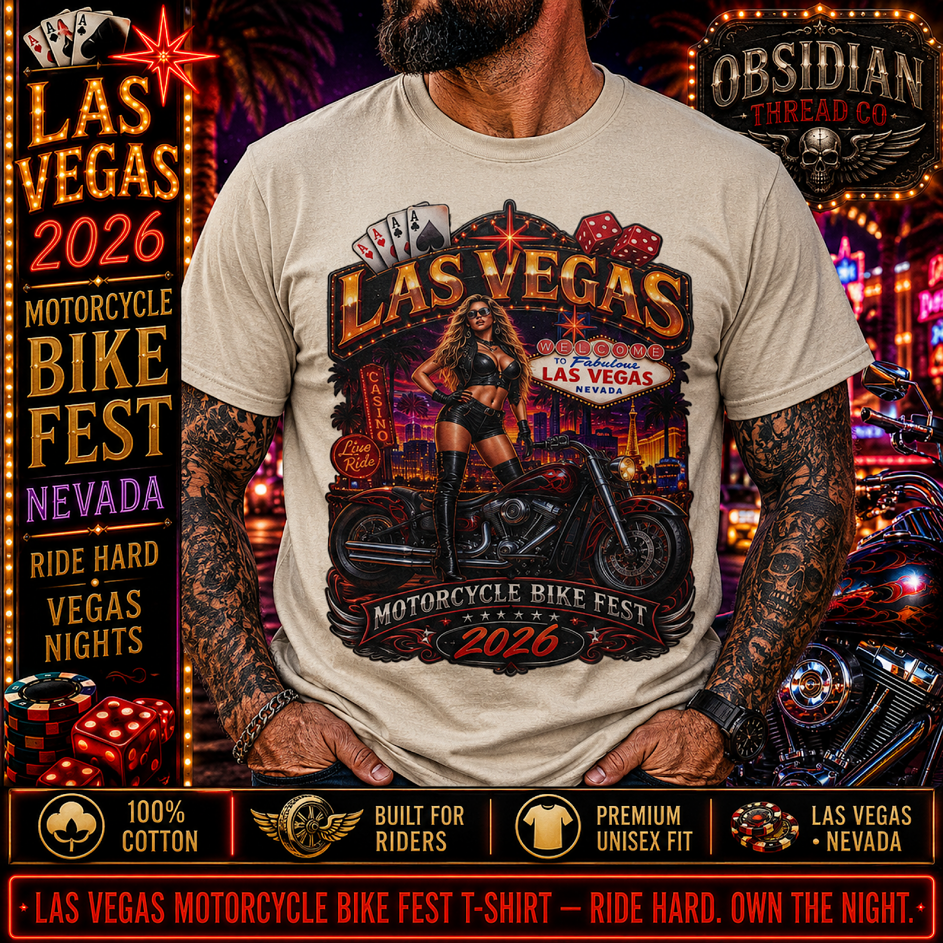 Las Vegas 2026 Motorcycle Bike Fest Nevada Rally Biker Pinup T Shirt Tee color preview 3