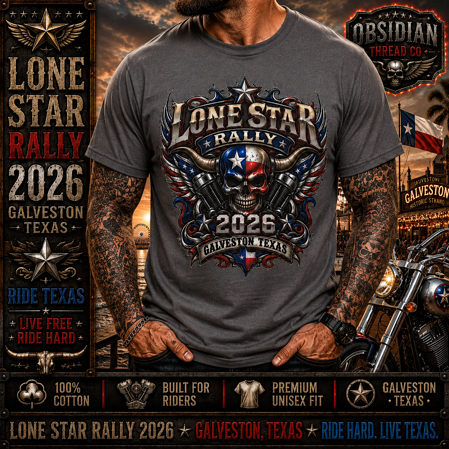 Lone Star Rally 2026 Galveston Texas Motorcycle Biker Skull T Shirt No Harley color preview 2