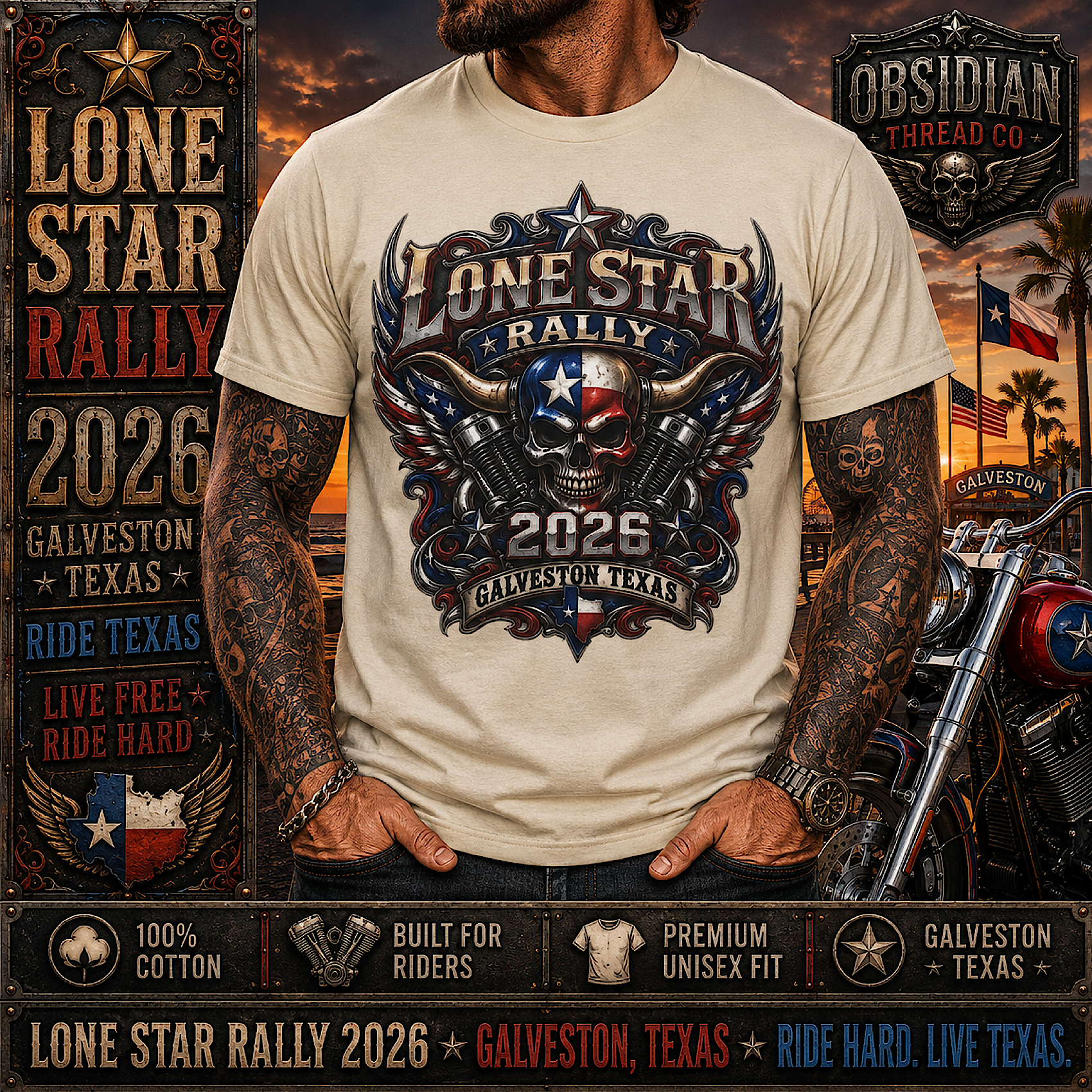 Lone Star Rally 2026 Galveston Texas Motorcycle Biker Skull T Shirt No Harley color preview 3