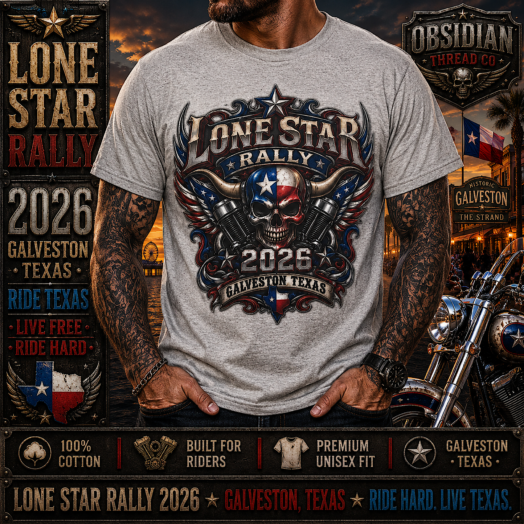 Lone Star Rally 2026 Galveston Texas Motorcycle Biker Skull T Shirt No Harley color preview 4