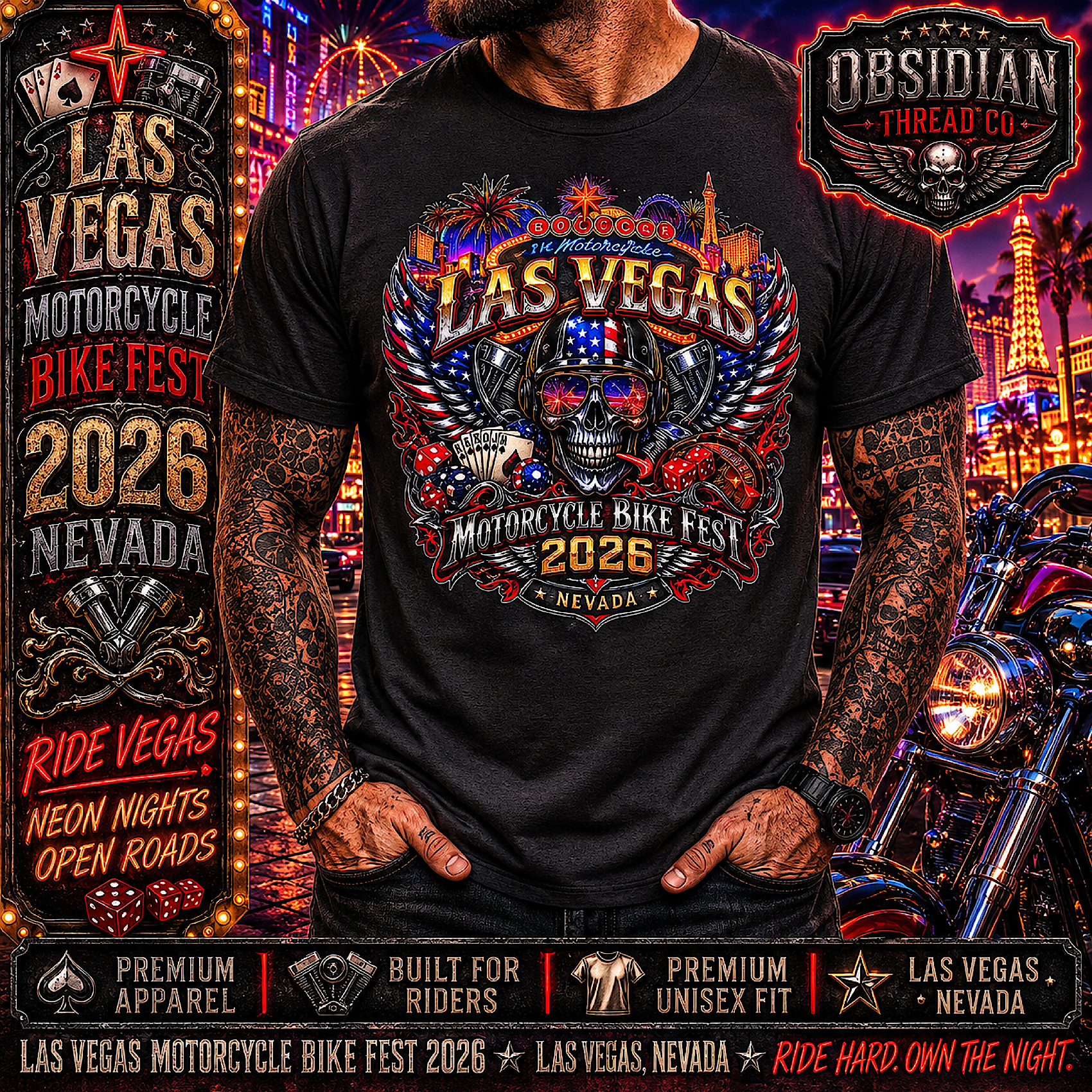 Las Vegas Bike Fest 2026 Nevada Motorcycle Rally Skull Biker T Shirt No Harley color preview 3