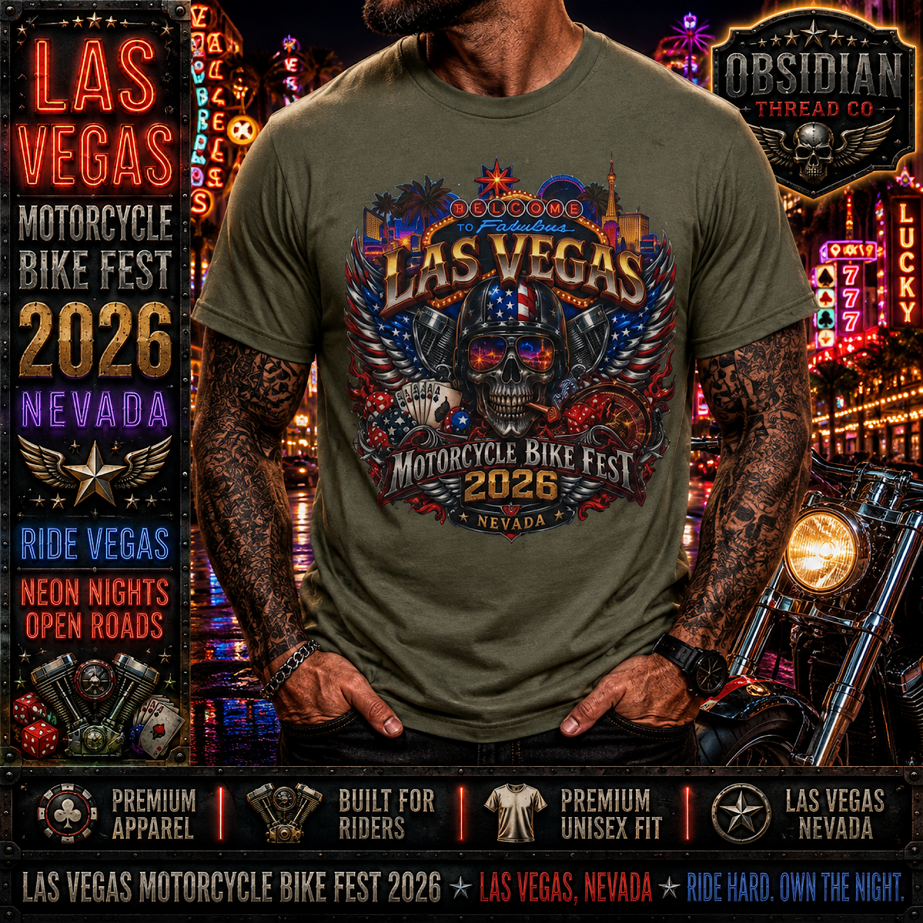 Las Vegas Bike Fest 2026 Nevada Motorcycle Rally Skull Biker T Shirt No Harley color preview 4