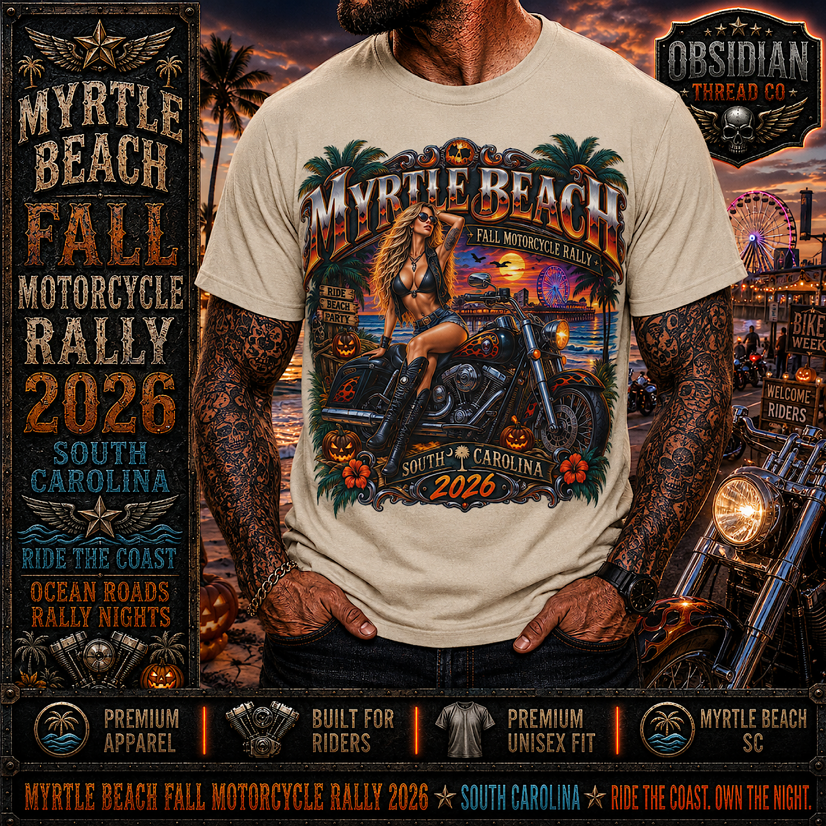 Myrtle Beach Fall Rally 2026 Motorcycle Bike Week SC Biker Pinup Shirt No Harley color preview 3