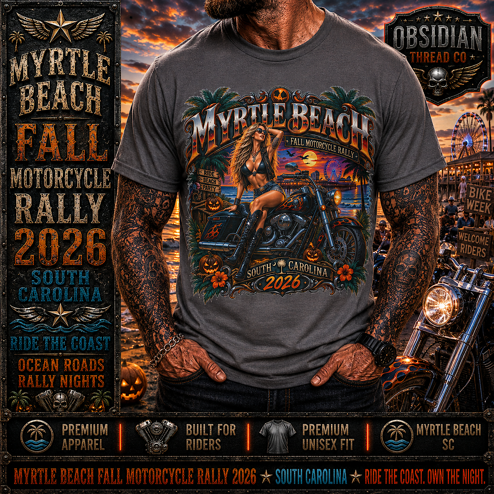 Myrtle Beach Fall Rally 2026 Motorcycle Bike Week SC Biker Pinup Shirt No Harley color preview 2