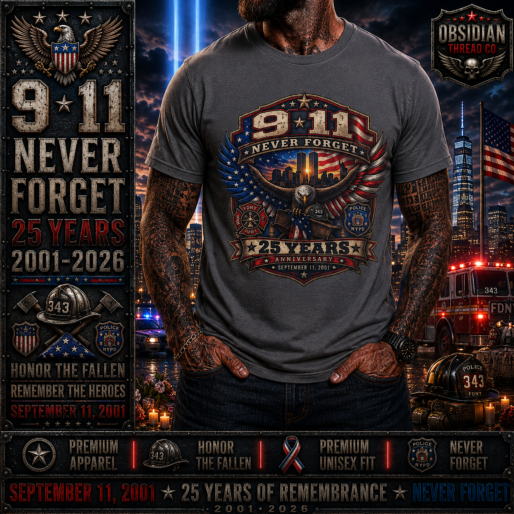 9/11 Never Forget Shirt 25th Anniversary September 11 2001-2026 Memorial Tee color preview 2