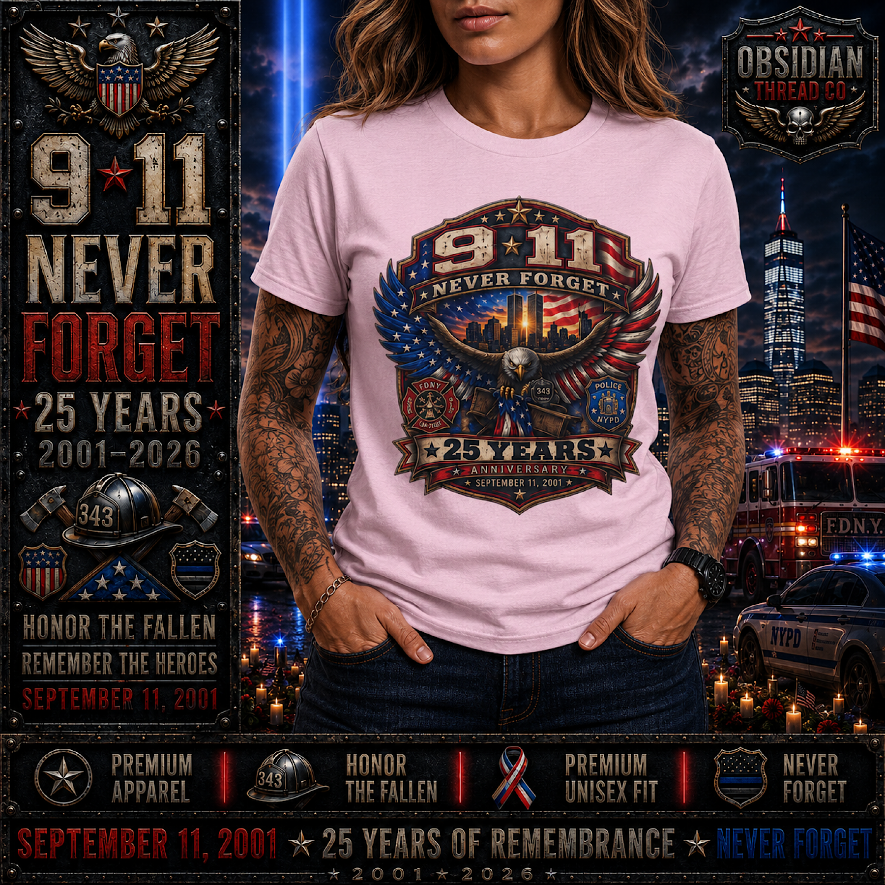 9/11 Never Forget Shirt 25th Anniversary September 11 2001-2026 Memorial Tee color preview 3