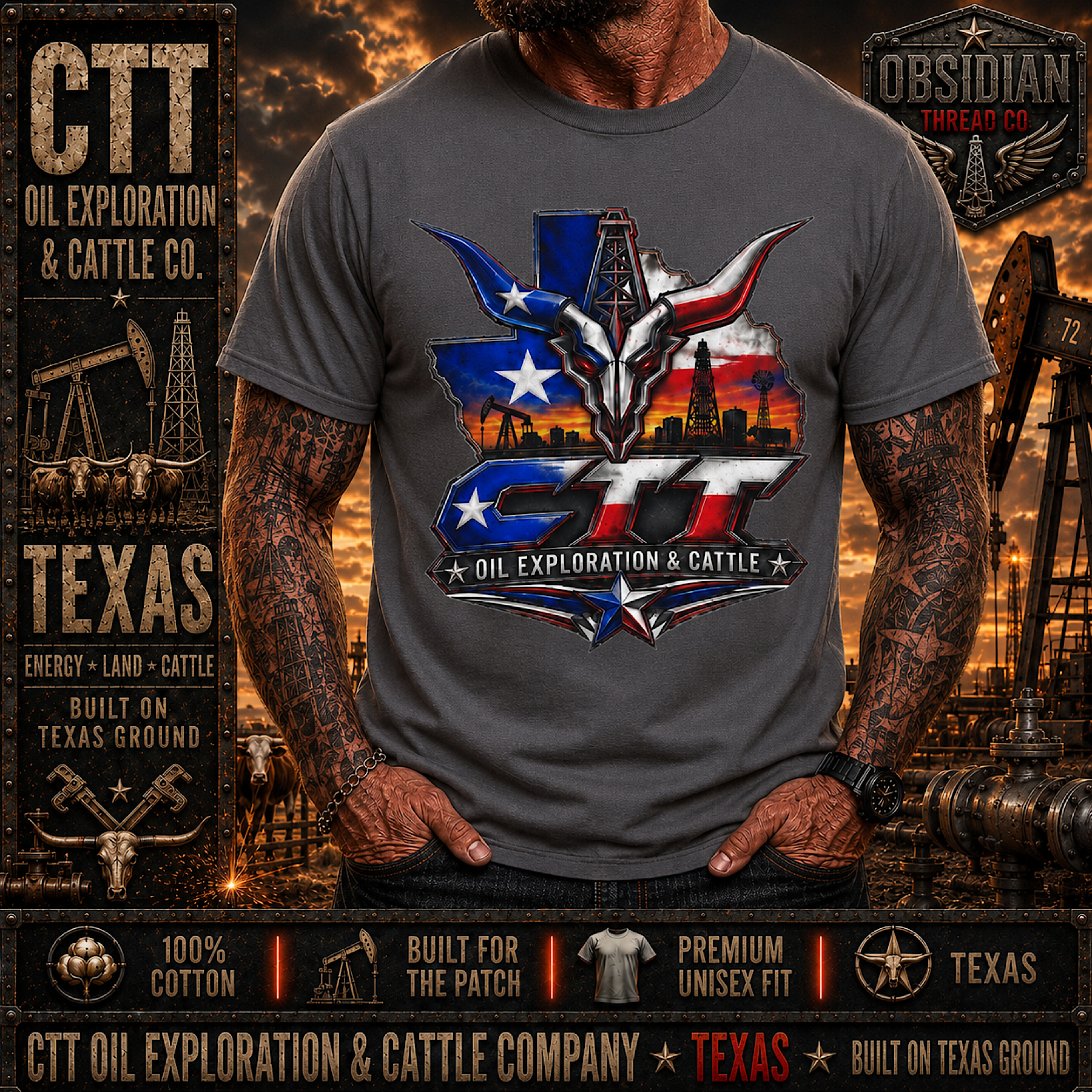 CTT Oil Exploration &amp; Cattle Texas Landman M-Tex Oil Company Patch T Shirt color preview 2