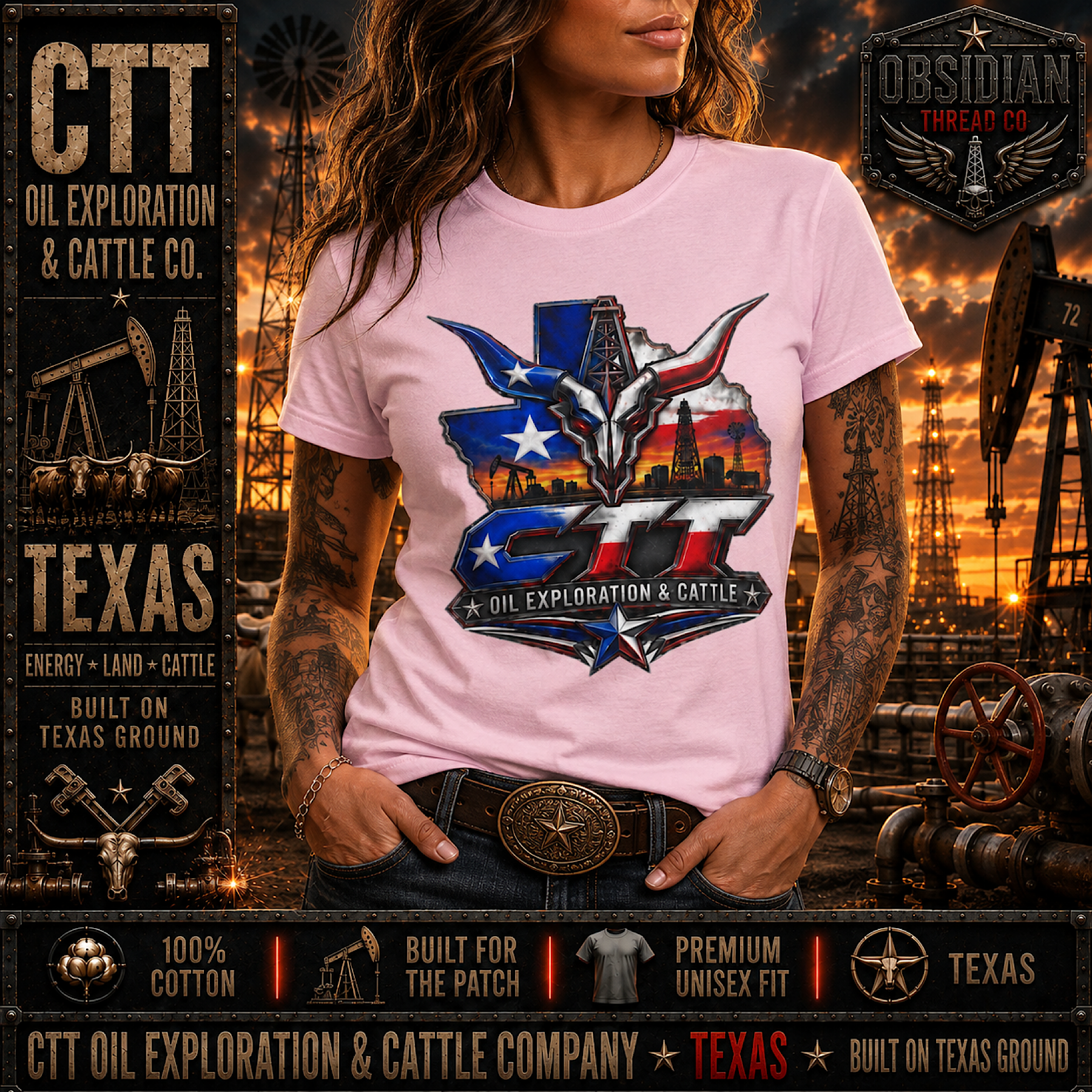CTT Oil Exploration &amp; Cattle Texas Landman M-Tex Oil Company Patch T Shirt color preview 3