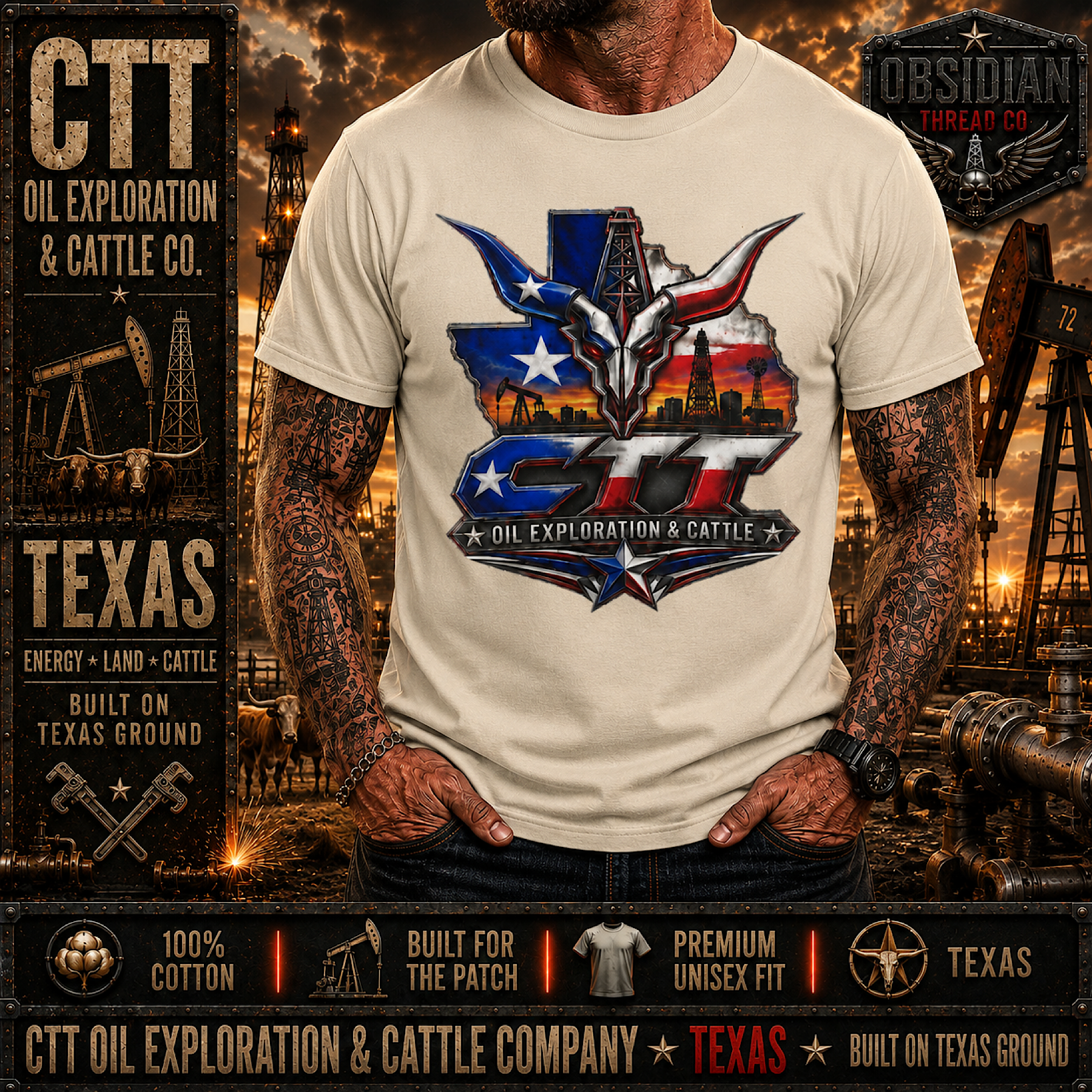 CTT Oil Exploration &amp; Cattle Texas Landman M-Tex Oil Company Patch T Shirt color preview 4