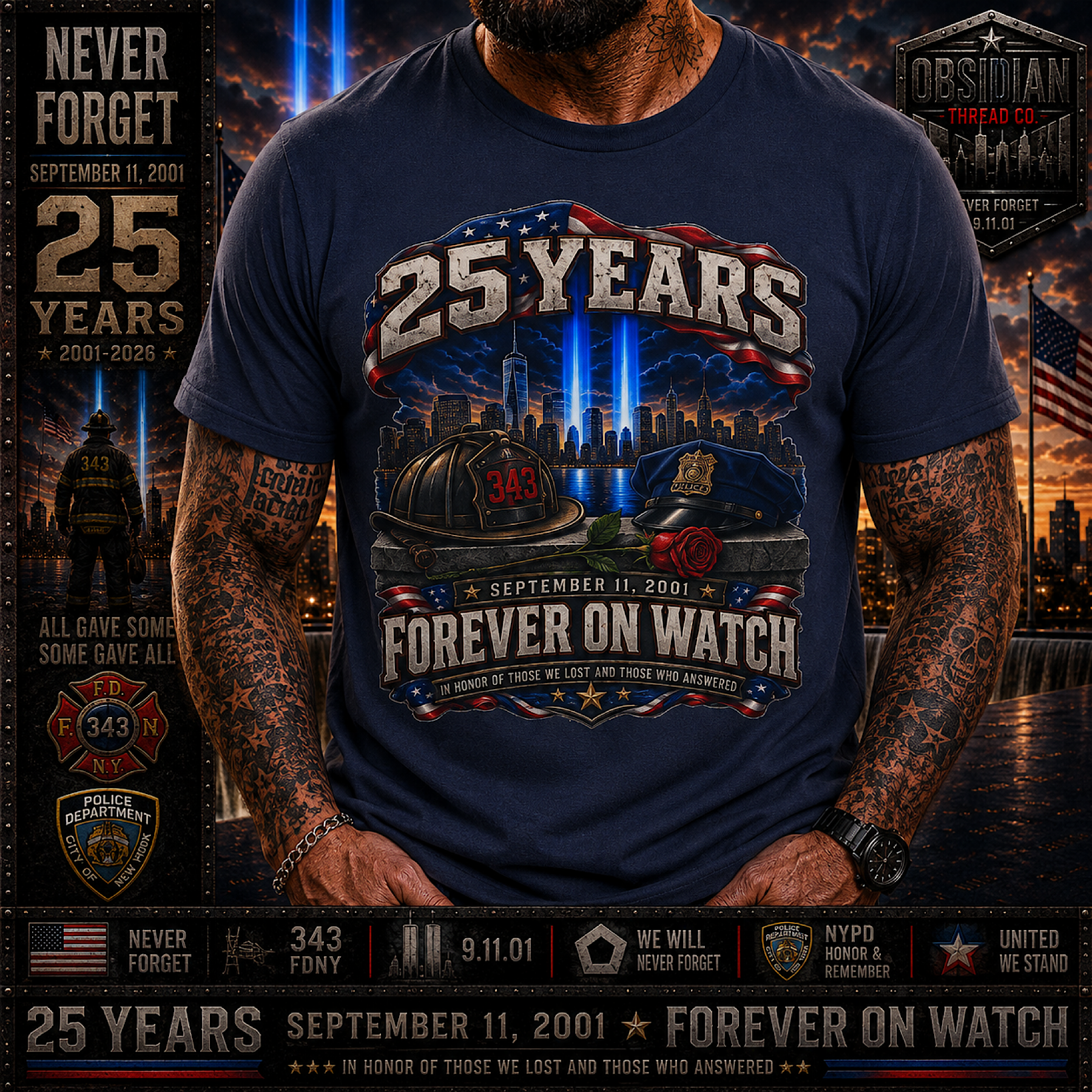 9/11 25th Anniversary Shirt September 11 2001-2026 Never Forget FDNY NYPD Tee color preview 3