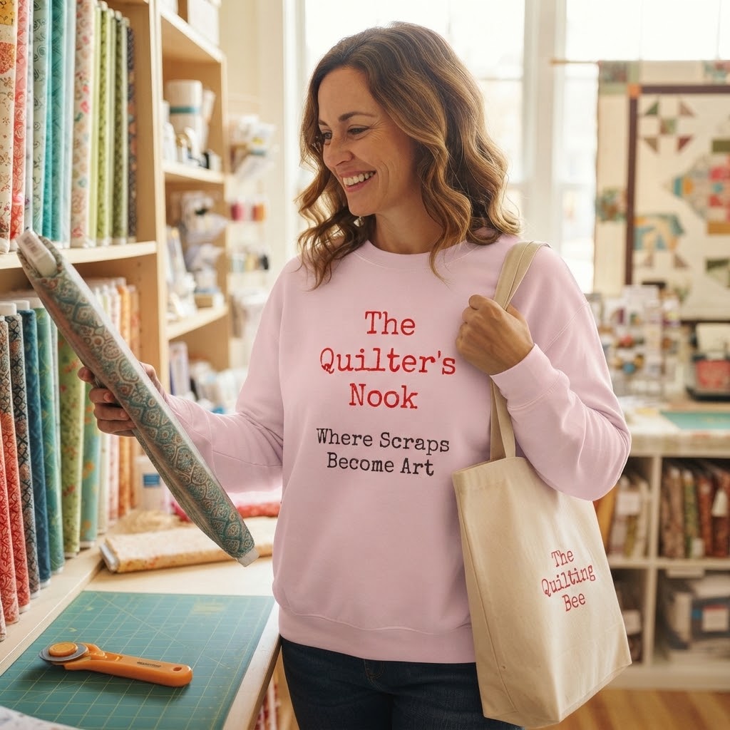 The Quilter's Nook Sweatshirt | Where Scraps Become Art | Pink Quilt Lover Crewneck | Gifts for Quilters | Apparel for Quilting