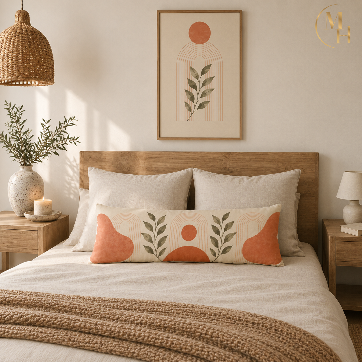 Abstract Boho Sun and Leaf Body Pillow mockup 1