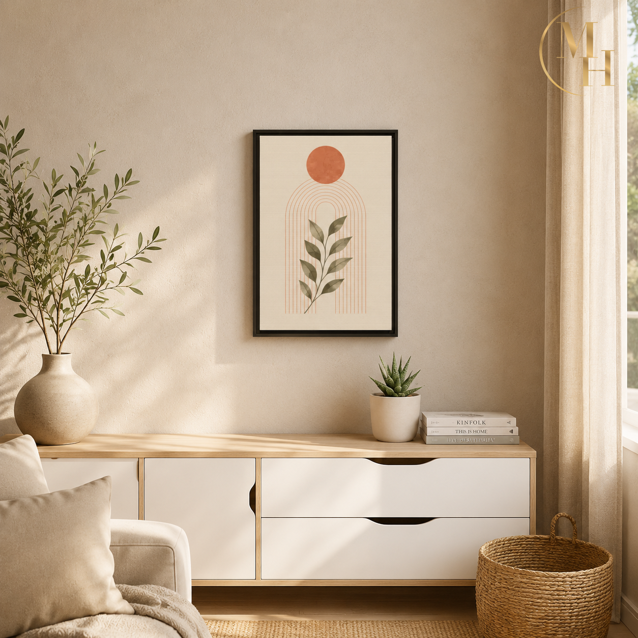 Abstract Terracotta Arch with Olive Branch Matte Canvas Framed mockup 1