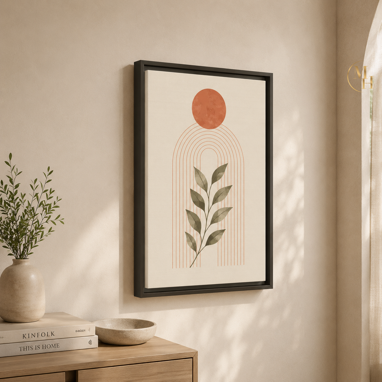 Abstract Terracotta Arch with Olive Branch Matte Canvas Framed mockup 2