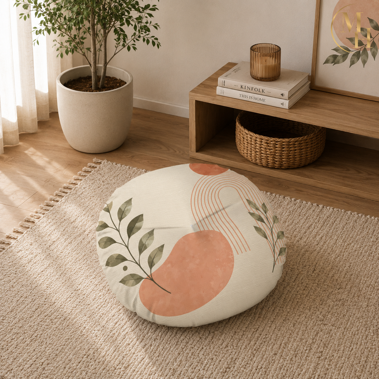 Boho Terracotta Arch Leaf Tufted Floor Cushion mockup 1
