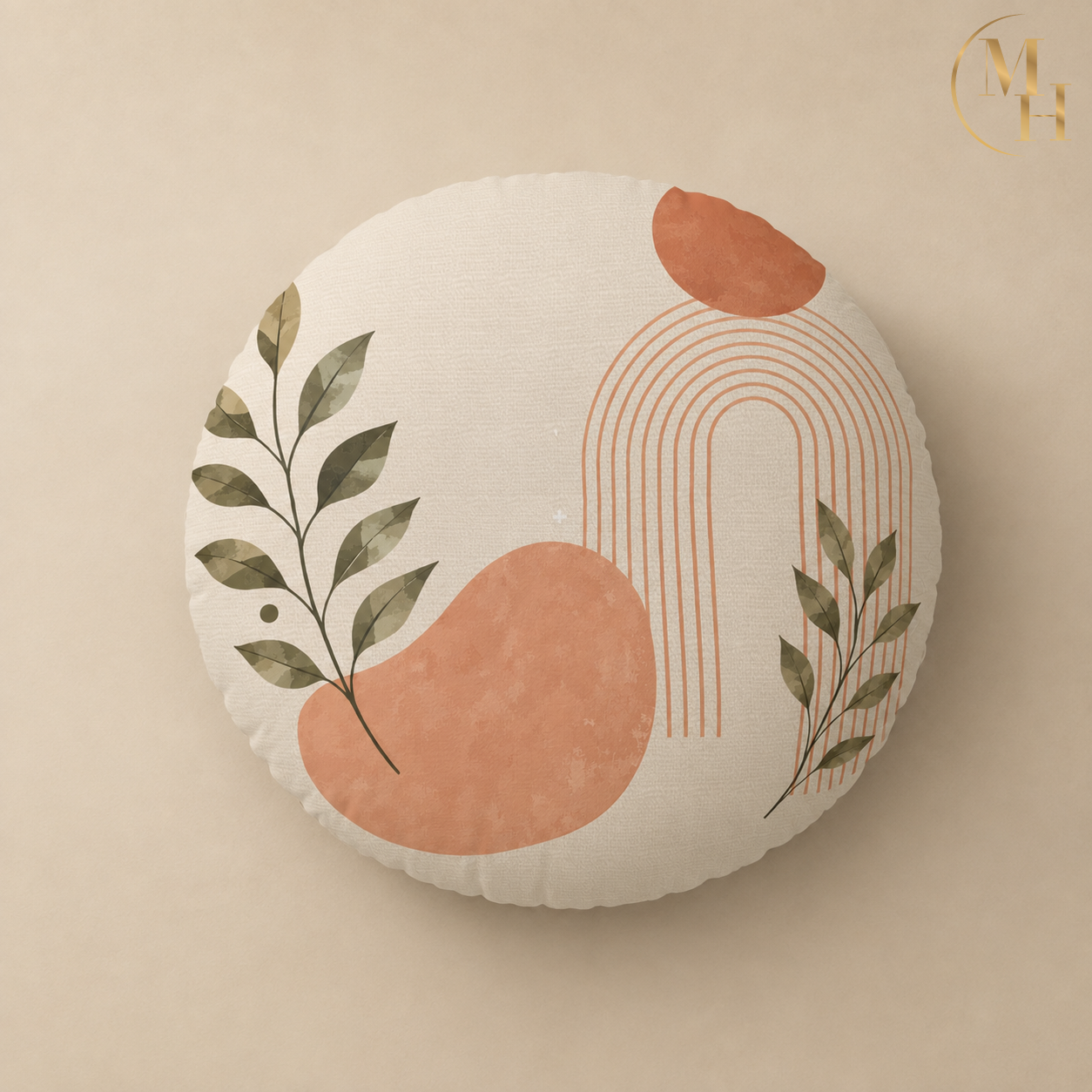 Boho Terracotta Arch Leaf Tufted Floor Cushion mockup 2