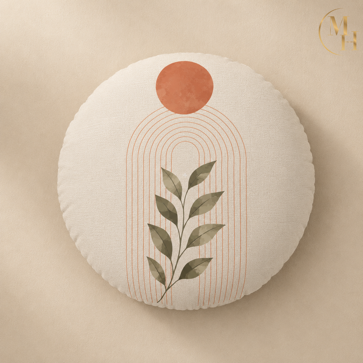 Boho Terracotta Arch Leaf Tufted Floor Cushion mockup 3