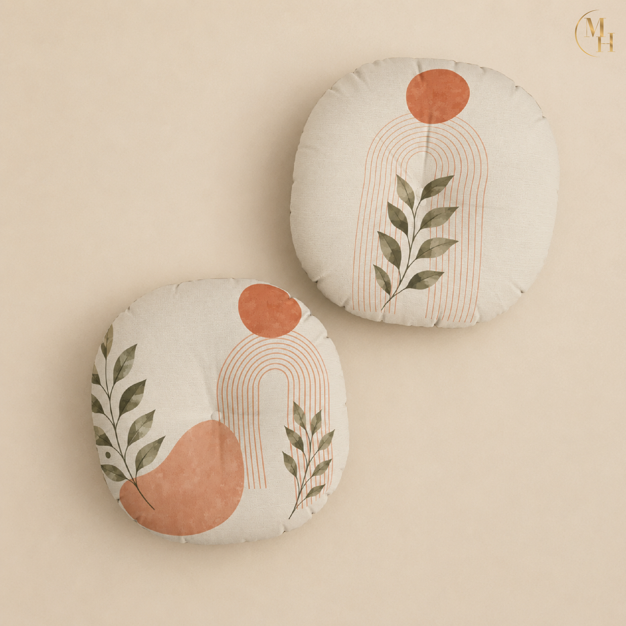 Boho Terracotta Arch Leaf Tufted Floor Cushion mockup 4