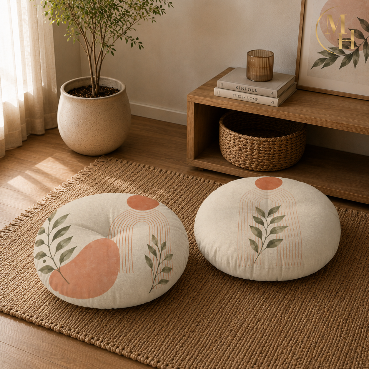 Boho Terracotta Arch Leaf Tufted Floor Cushion mockup 5