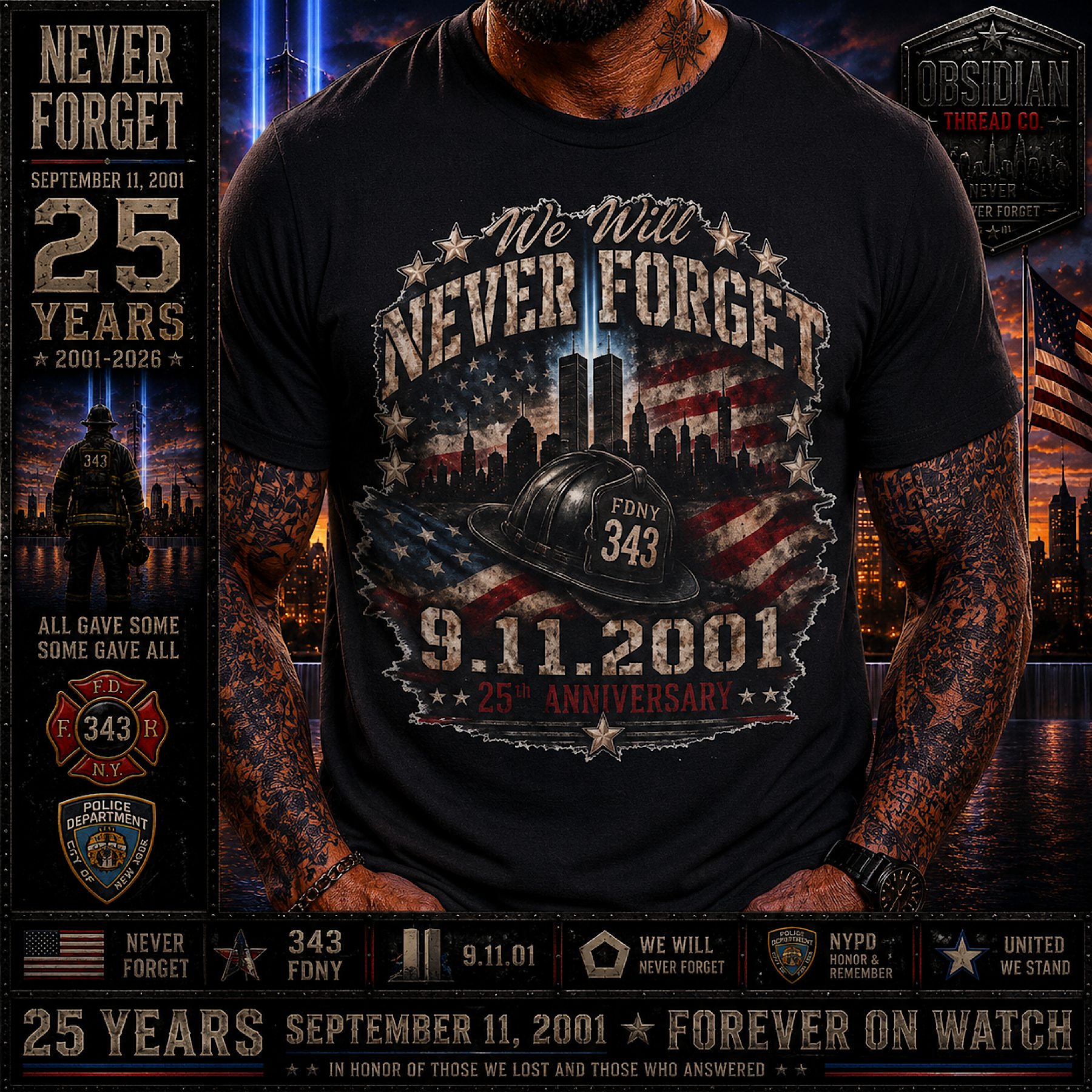 9/11 25th Anniversary Shirt September 11 2001 Never Forget FDNY 343 Memorial product preview